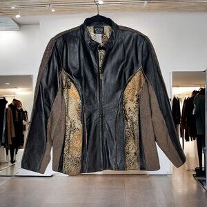 Koos of Course Womens Leather Tweed Mix Media Jacket with Animal Print Moto 1X